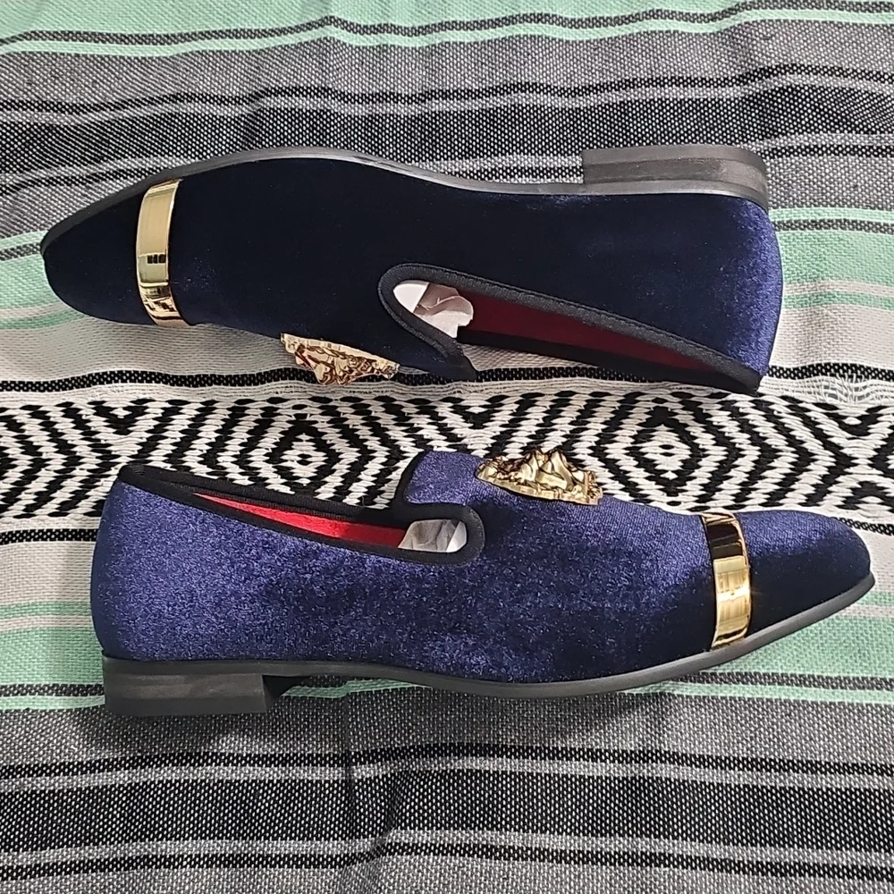 Jitai Ornate Dark Blue & Black Velvet Gold Lion Head Loafers Size 9.5 NEW In Box